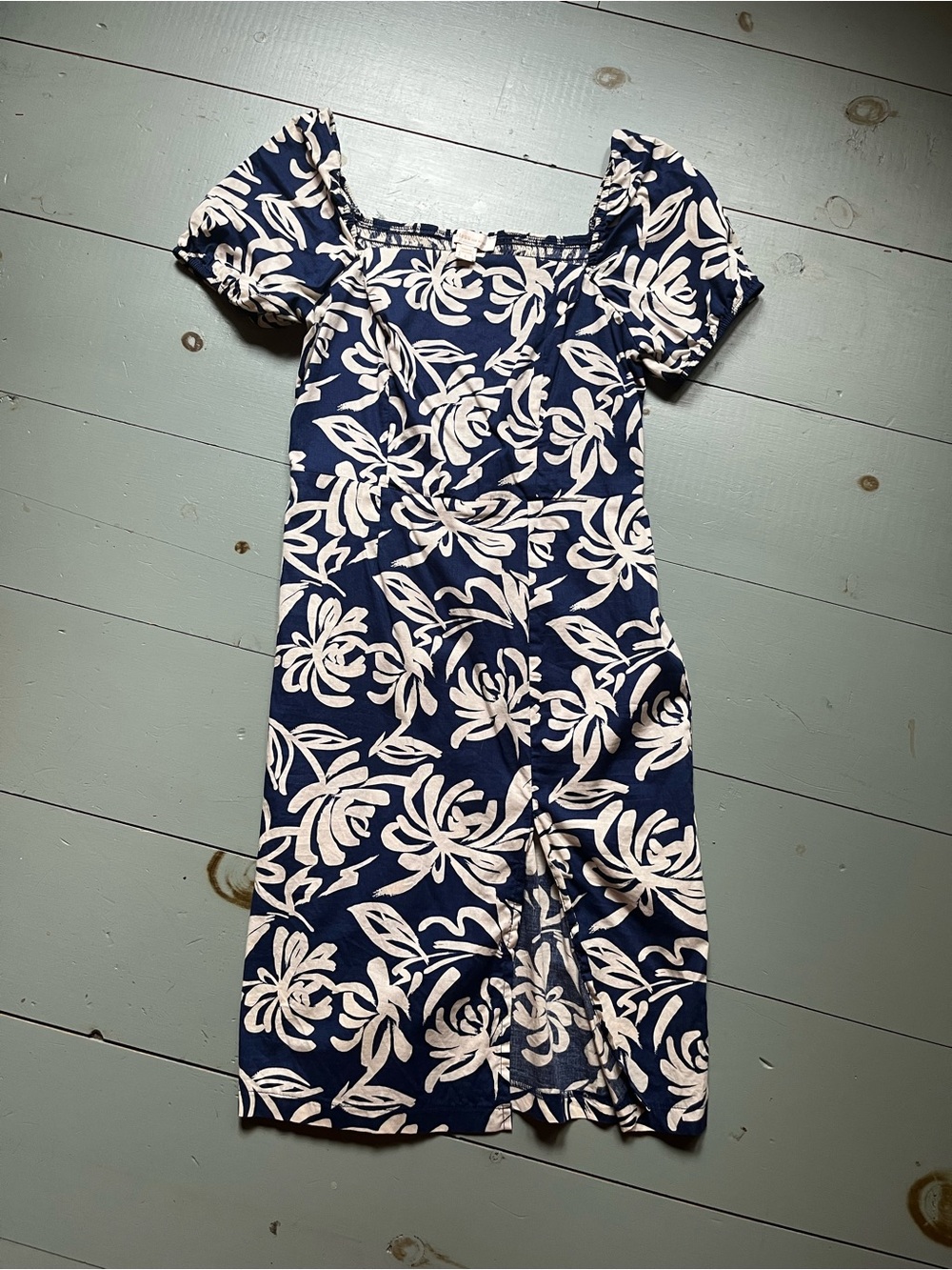 Navy Floral Puff-Sleeve Midi Dress by